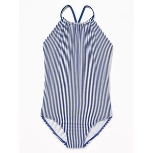 Seersucker-Stripe High-Neck Swimsuit Girls M